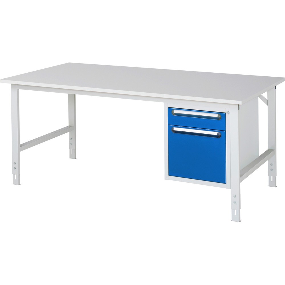 Číslo obrázka výrobku 1: Výškovo nastaviteľný pracovný stôl RAU série TOM, v × š × h 760 – 1 080 × 2 500 × 1 000 mm, 2 zásuv., pracovná doska s melamínovým povrchom