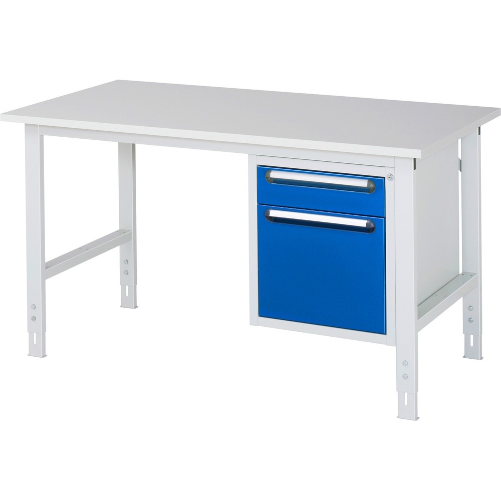 Číslo obrázka výrobku 1: Výškovo nastaviteľný pracovný stôl RAU série TOM, v × š × h 760 – 1 080 × 1 500 × 800 mm, 2 zásuv., pracovná doska s melamínovým povrchom