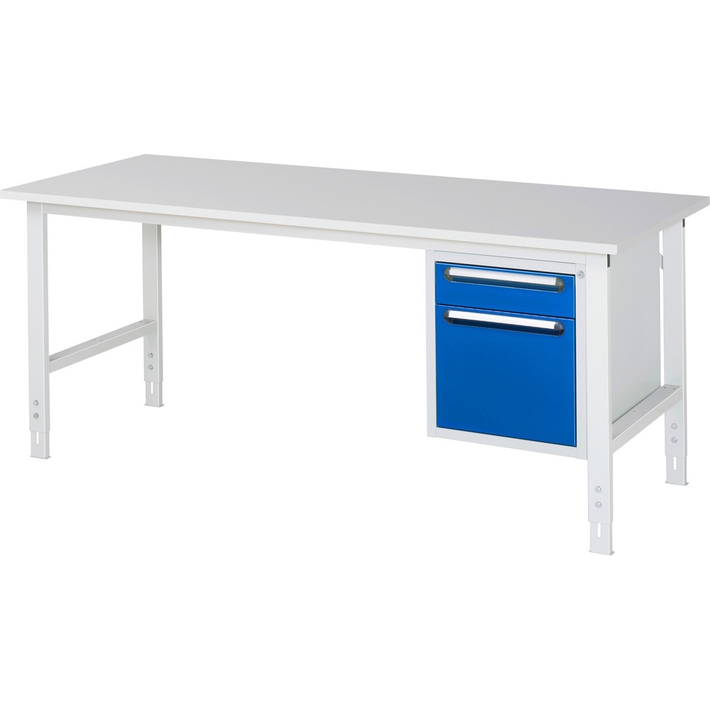 Číslo obrázka výrobku 1: Výškovo nastaviteľný pracovný stôl RAU série TOM, v × š × h 760 – 1 080 × 2 500 × 800 mm, 2 zásuv., pracovná doska s melamínovým povrchom
