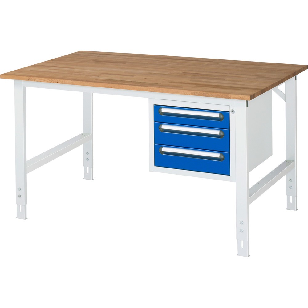 Číslo obrázka výrobku 1: Výškovo nastaviteľný pracovný stôl RAU série TOM, v × š × h 760 – 1 080 × 1 500 × 1 000 mm, 3 zásuv., pracovná doska z bukového masívu