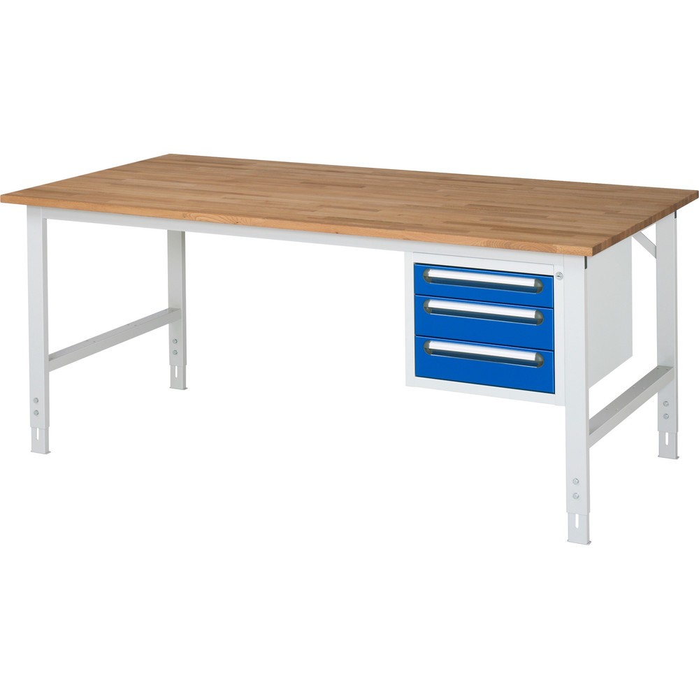 Číslo obrázka výrobku 1: Výškovo nastaviteľný pracovný stôl RAU série TOM, v × š × h 760 – 1 080 × 2 500 × 1 000 mm, 3 zásuv., pracovná doska z bukového masívu