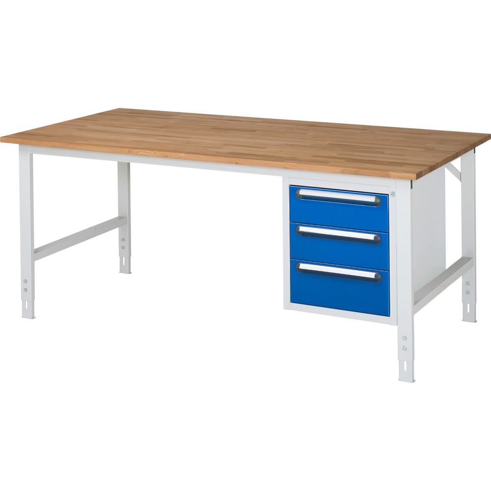 Číslo obrázka výrobku 1: Výškovo nastaviteľný pracovný stôl RAU série TOM, v × š × h 760 – 1 080 × 2 500 × 1 000 mm, 3 zásuv., pracovná doska z bukového masívu
