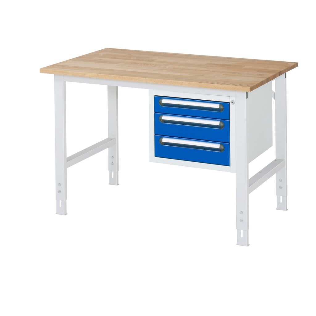 Výškovo nastaviteľný pracovný stôl RAU série TOM, v × š × h 760 – 1 080 × 1 250 × 800 mm, 3 zásuv., pracovná doska z bukového masívu Obrázok výrobku: Výškovo nastaviteľný pracovný stôl RAU série TOM, v × š × h 760 – 1 080 × 1 250 × 800 mm, 3 zásuv., pracovná doska z bukového masívu