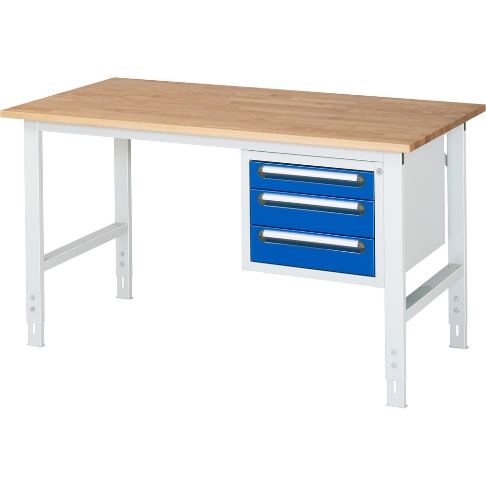 Číslo obrázka výrobku 1: Výškovo nastaviteľný pracovný stôl RAU série TOM, v × š × h 760 – 1 080 × 1 500 × 800 mm, 3 zásuv., pracovná doska z bukového masívu