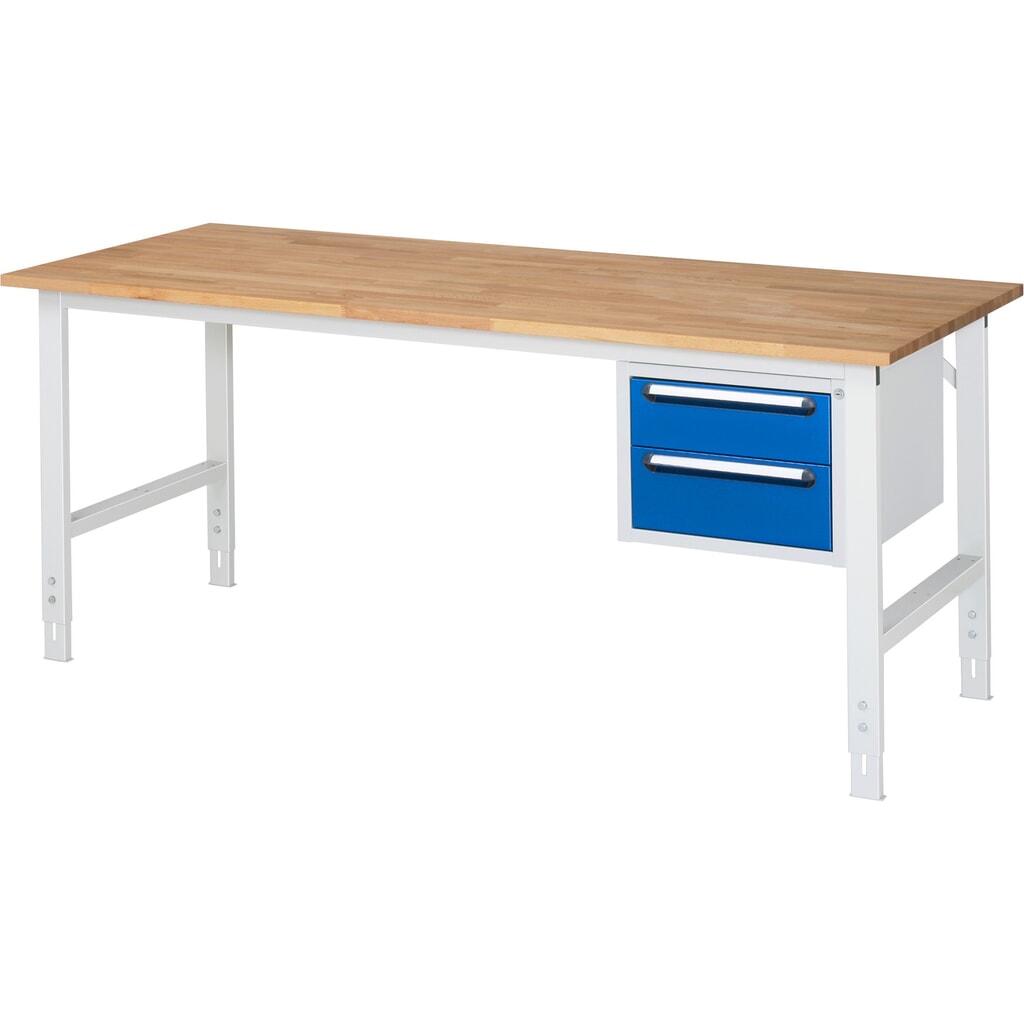 Obrázok výrobku: Výškovo nastaviteľný pracovný stôl RAU série TOM, v × š × h 760 – 1 080 × 2 500 × 800 mm, 3 zásuv., pracovná doska z bukového masívu