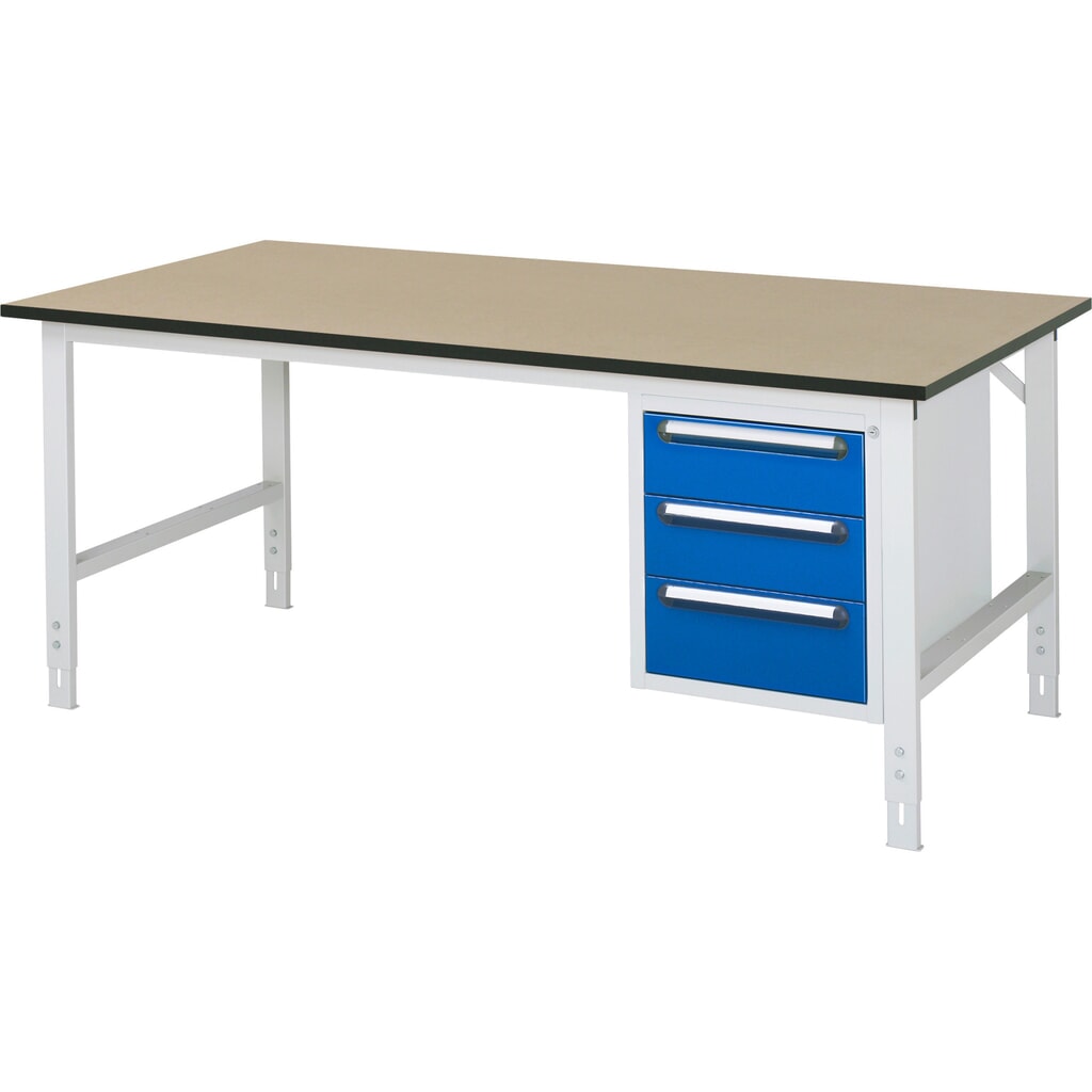 Výškovo nastaviteľný pracovný stôl RAU série TOM, v × š × h 760 – 1 080 × 2 500 × 1 000 mm, 3 zásuv., pracovná doska z MDF Obrázok výrobku: Výškovo nastaviteľný pracovný stôl RAU série TOM, v × š × h 760 – 1 080 × 2 500 × 1 000 mm, 3 zásuv., pracovná doska z MDF