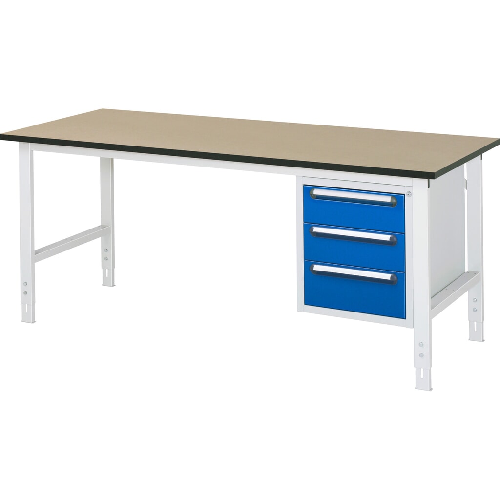 Výškovo nastaviteľný pracovný stôl RAU série TOM, v × š × h 760 – 1 080 × 2 500 × 800 mm, 3 zásuv., pracovná doska z MDF Obrázok výrobku: Výškovo nastaviteľný pracovný stôl RAU série TOM, v × š × h 760 – 1 080 × 2 500 × 800 mm, 3 zásuv., pracovná doska z MDF