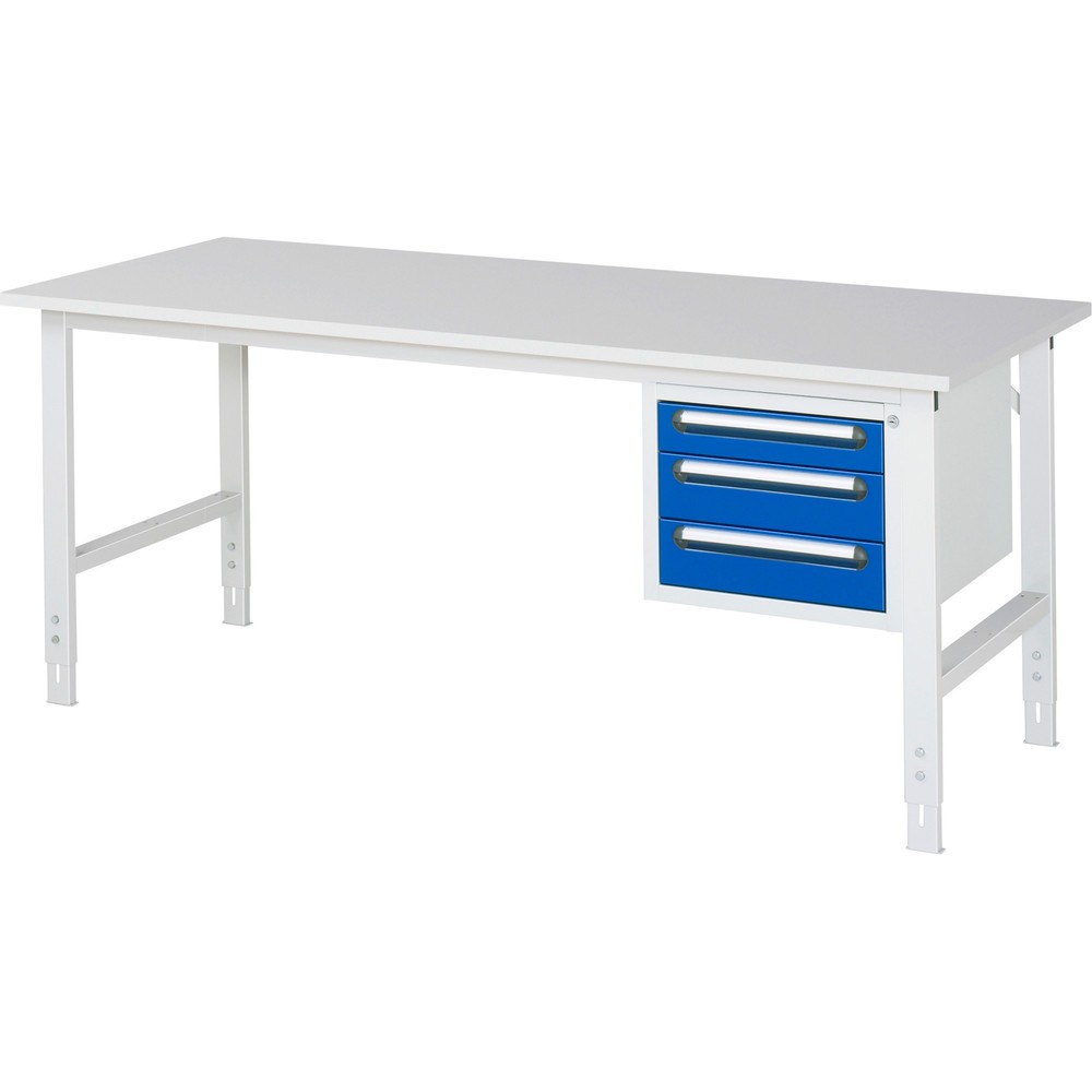 Číslo obrázka výrobku 1: Výškovo nastaviteľný pracovný stôl RAU série TOM, v × š × h 760 – 1 080 × 2 500 × 800 mm, 3 zásuv., pracovná doska s melamínovým povrchom