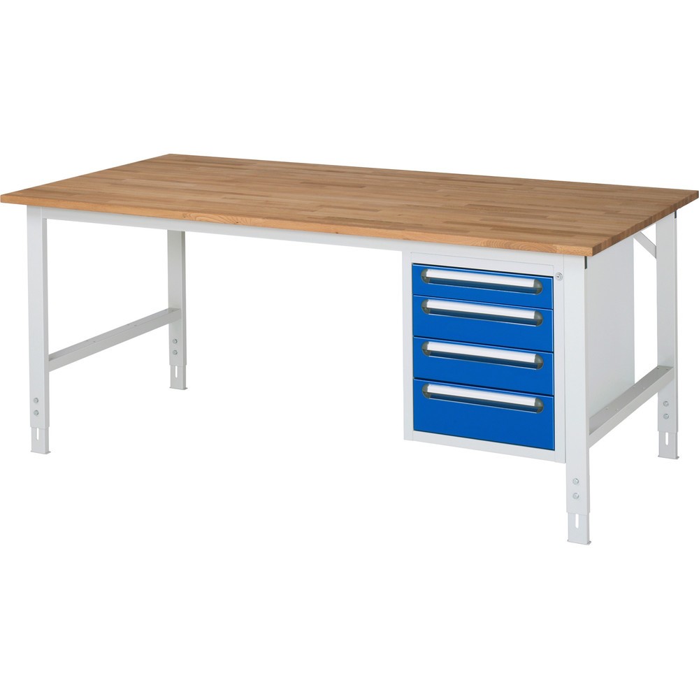 Číslo obrázka výrobku 1: Výškovo nastaviteľný pracovný stôl RAU série TOM, v × š × h 760 – 1 080 × 2 500 × 1 000 mm, 4 zásuv., pracovná doska z bukového masívu