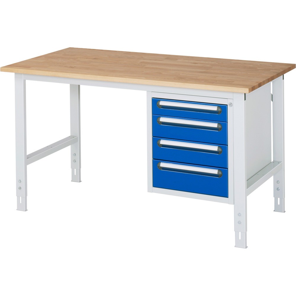 Číslo obrázka výrobku 1: Výškovo nastaviteľný pracovný stôl RAU série TOM, v × š × h 760 – 1 080 × 1 500 × 800 mm, 4 zásuv., pracovná doska z bukového masívu