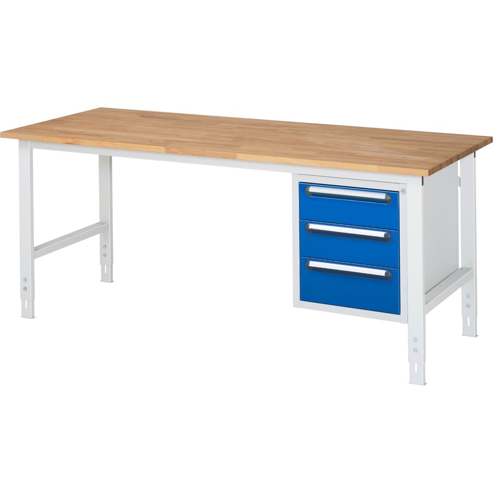 Číslo obrázka výrobku 1: Výškovo nastaviteľný pracovný stôl RAU série TOM, v × š × h 760 – 1 080 × 2 500 × 800 mm, 4 zásuv., pracovná doska z bukového masívu