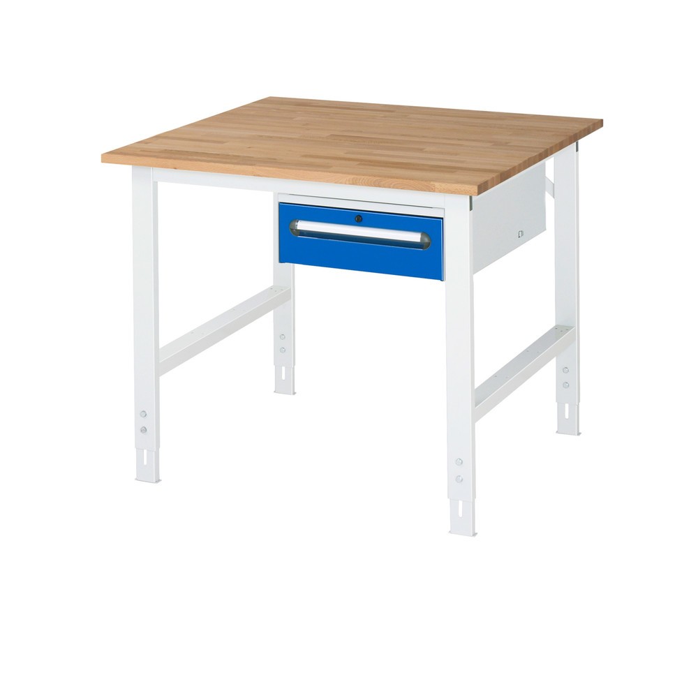 Číslo obrázka výrobku 1: Výškovo nastaviteľný pracovný stôl RAU série JERRY, v × š × h 760 – 1 080 × 1 000 × 1 000 mm, 1 zásuv., pracovná doska z bukového masívu
