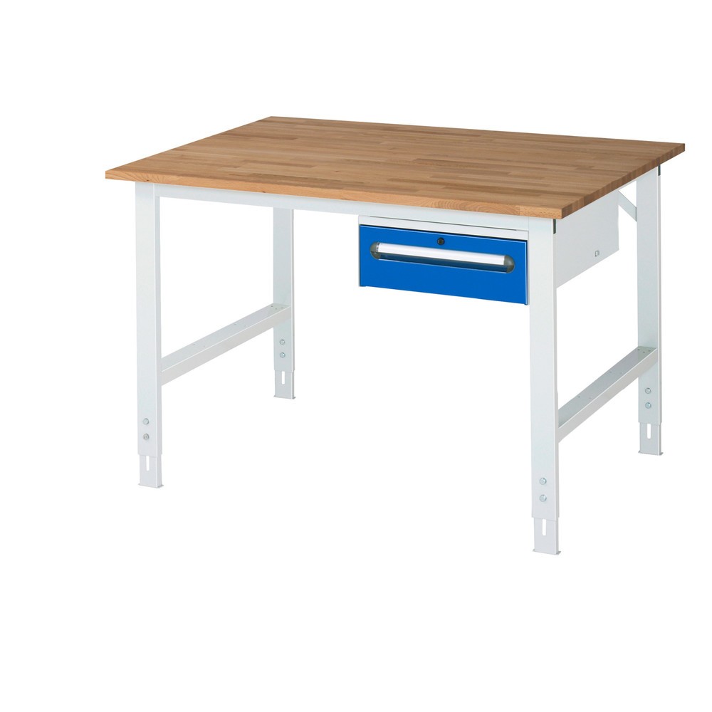Číslo obrázka výrobku 1: Výškovo nastaviteľný pracovný stôl RAU série JERRY, v × š × h 760 – 1 080 × 1 250 × 1 000 mm, 1 zásuv., pracovná doska z bukového masívu
