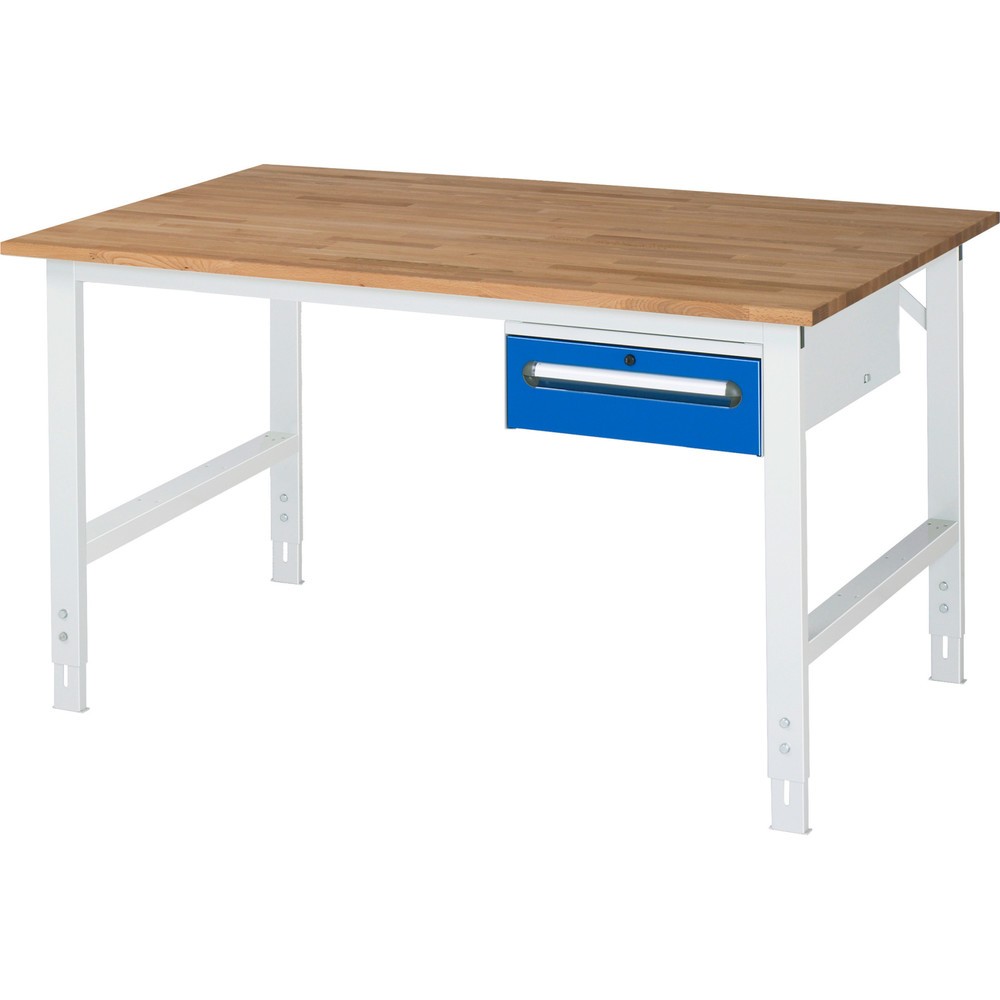 Číslo obrázka výrobku 1: Výškovo nastaviteľný pracovný stôl RAU série JERRY, v × š × h 760 – 1 080 × 1 500 × 1 000 mm, 1 zásuv., pracovná doska z bukového masívu