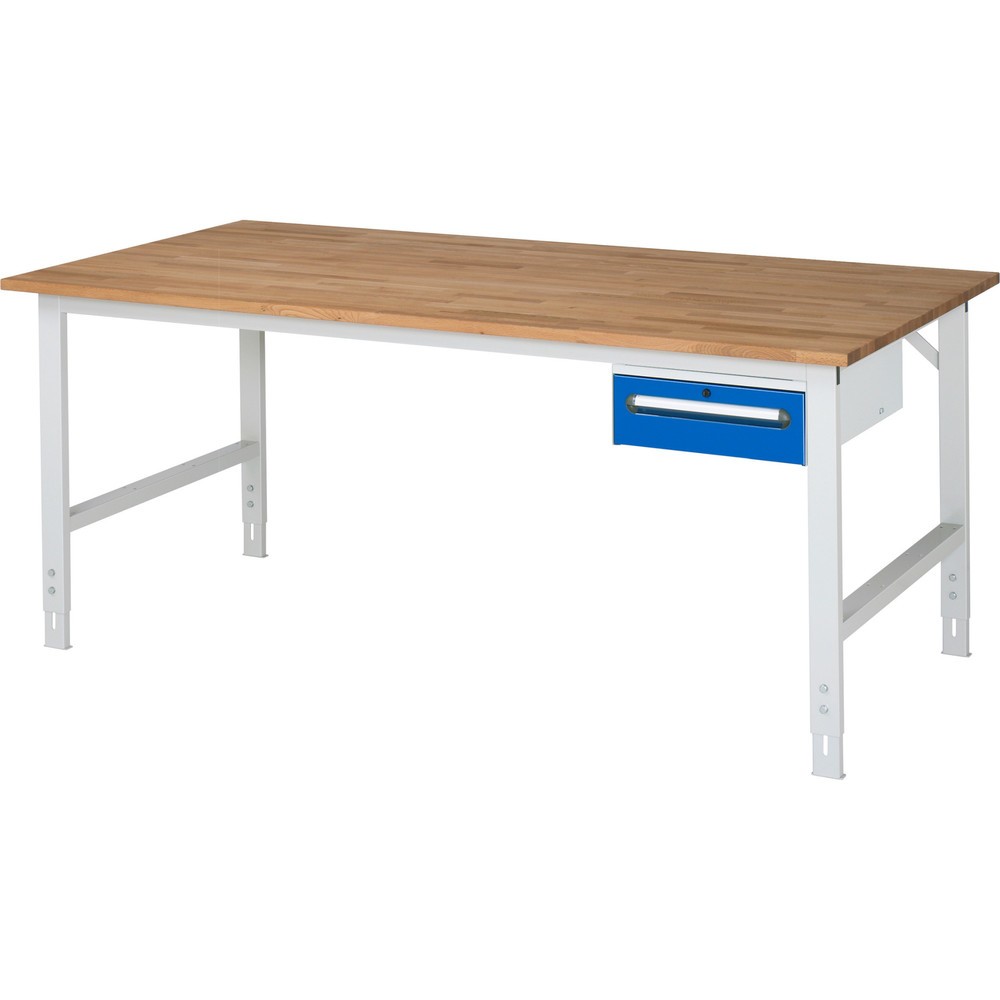 Číslo obrázka výrobku 1: Výškovo nastaviteľný pracovný stôl RAU série JERRY, v × š × h 760 – 1 080 × 2 500 × 1 000 mm, 1 zásuv., pracovná doska z bukového masívu