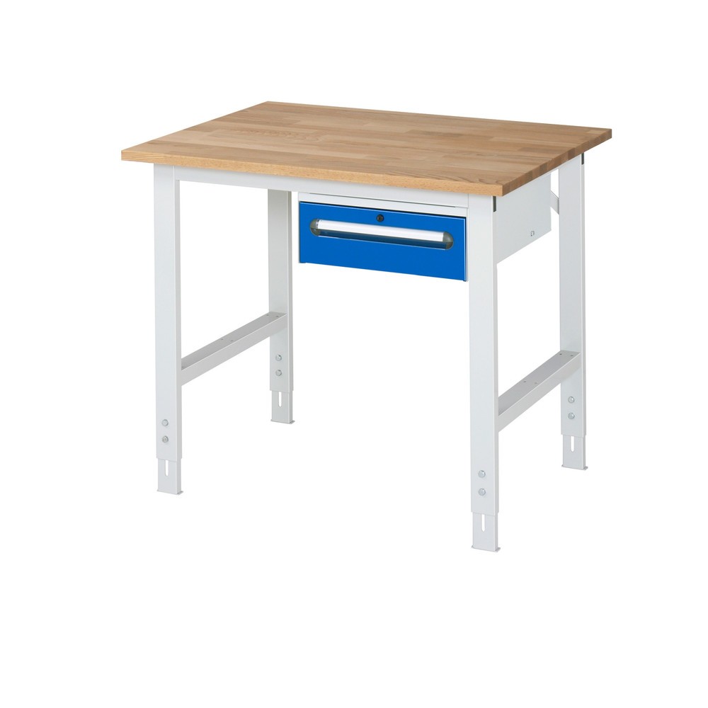 Číslo obrázka výrobku 1: Výškovo nastaviteľný pracovný stôl RAU série JERRY, v × š × h 760 – 1 080 × 1 000 × 800 mm, 1 zásuv., pracovná doska z bukového masívu