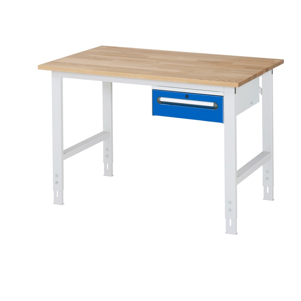 Číslo obrázka výrobku 1: Výškovo nastaviteľný pracovný stôl RAU série JERRY, v × š × h 760 – 1 080 × 1 250 × 800 mm, 1 zásuv., pracovná doska z bukového masívu