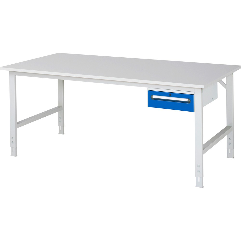 Číslo obrázka výrobku 1: Výškovo nastaviteľný pracovný stôl RAU série TOM, v × š × h 760 – 1 080 × 2 500 × 1 000 mm, 1 zásuv., pracovná doska s melamínovým povrchom