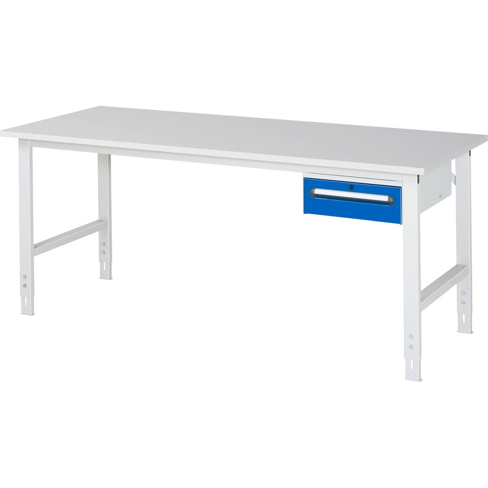 Číslo obrázka výrobku 1: Výškovo nastaviteľný pracovný stôl RAU série TOM, v × š × h 760 – 1 080 × 2 500 × 800 mm, 1 zásuv., pracovná doska s melamínovým povrchom