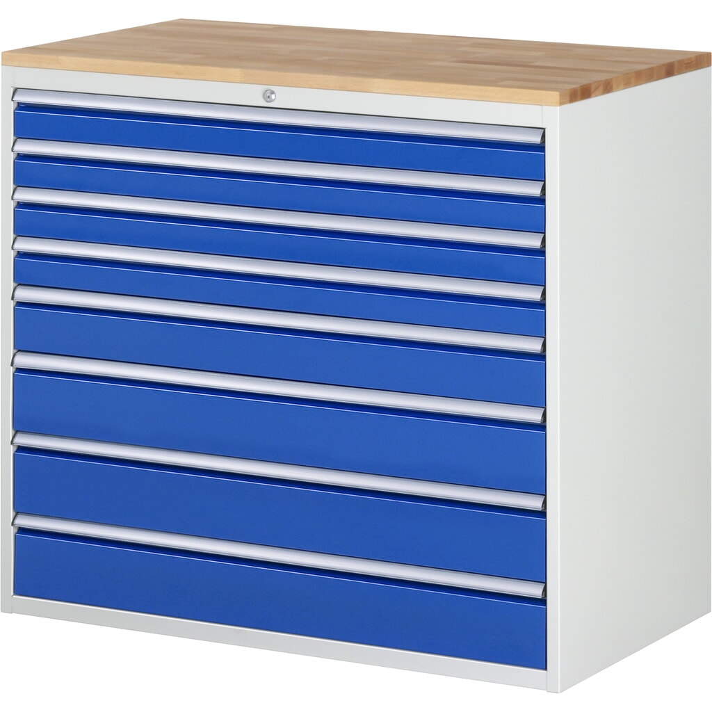 Obrázok výrobku: Zásuvková skriňa RAU série 7000, v × š × h 1 035 × 1 145 × 650 mm, 8 zásuv. 4 × 90, 1 × 120, 3 × 150 mm, buková pracovná doska