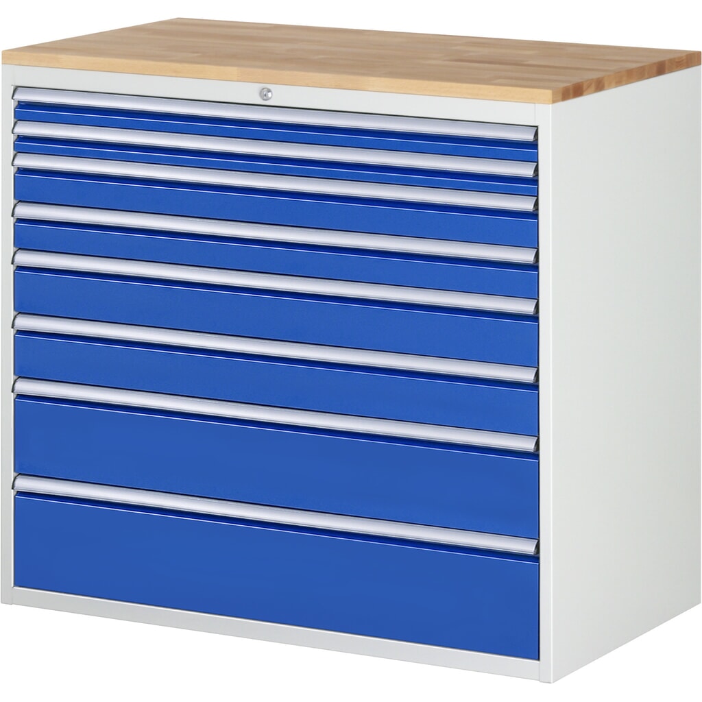 Číslo obrázka výrobku 1: Zásuvková skriňa RAU série 7000, v × š × h 1 035 × 1 145 × 650 mm, 8 zásuv. 2 × 60, 2 × 90, 2 × 120, 1 × 180, 1 × 210 mm, buková pracovná doska
