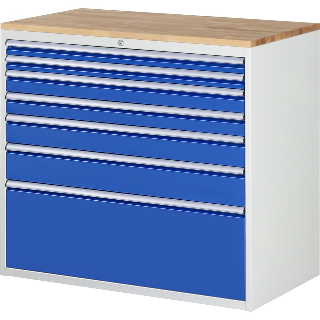 Číslo obrázka výrobku 1: Zásuvková skriňa RAU série 7000, v × š × h 1 035 × 1 145 × 650 mm, 7 zásuv. 2 × 60, 2 × 90, 1 × 120, 1 × 150, 1 × 360 mm, buková pracovná doska