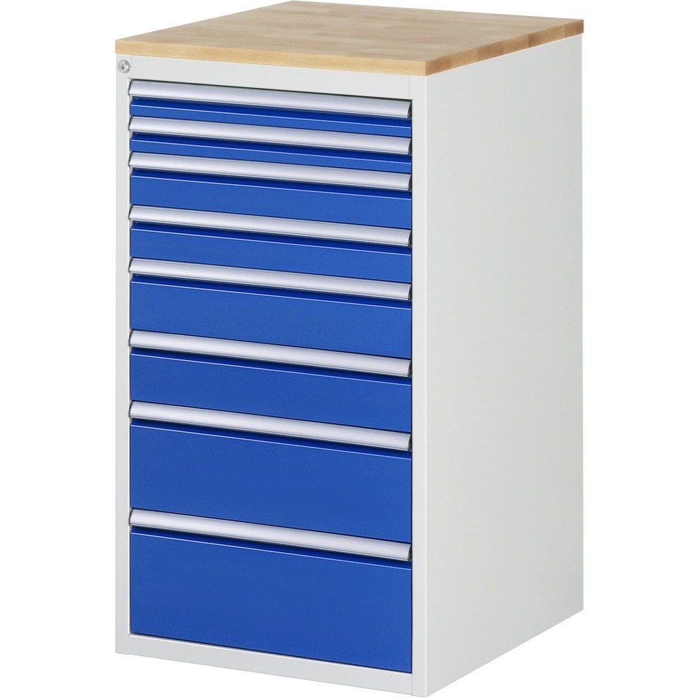 Obrázok výrobku: Zásuvková skriňa RAU série 7000, v × š × h 1 035 × 580 × 650 mm, 8 zásuv. 2 × 60, 2 × 90, 2 × 120, 1 × 180, 1 × 210 mm, buková pracovná doska