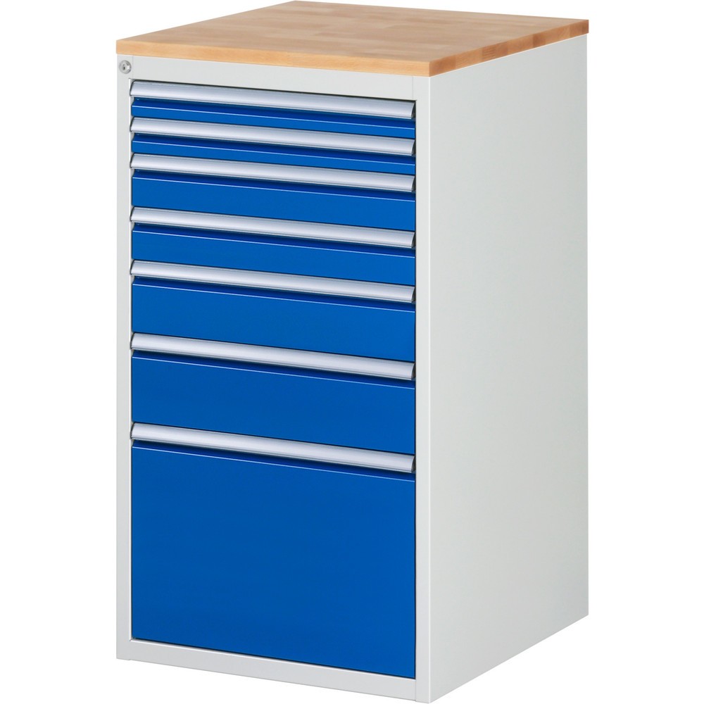 Obrázok výrobku: Zásuvková skriňa RAU série 7000, v × š × h 1 035 × 580 × 650 mm, 7 zásuv. 2 × 60, 2 × 90, 1 × 120, 1 × 150, 1 × 360 mm, buková pracovná doska