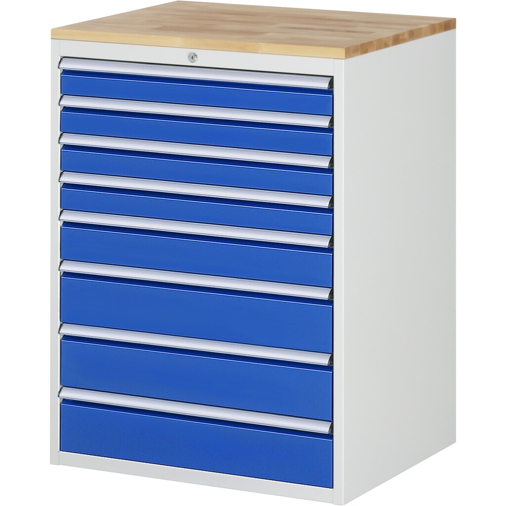 Zásuvková skriňa RAU série 7 000, v × š × h 1 035 × 770 × 650 mm, s 8 zásuvkami veľkosti XL, buková vrchná časť Obrázok výrobku: Zásuvková skriňa RAU série 7 000, v × š × h 1 035 × 770 × 650 mm, s 8 zásuvkami veľkosti XL, buková vrchná časť