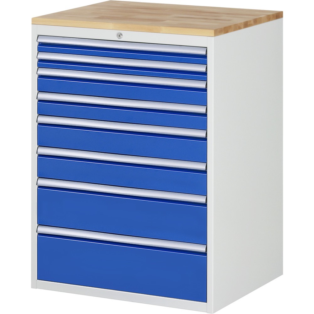 Číslo obrázka výrobku 1: Zásuvková skriňa RAU série 7000, v × š × h 1 035 × 770 × 650 mm, 8 zásuv. 2 × 60, 2 × 90, 2 × 120, 1 × 180, 1 × 210 mm, buková pracovná doska