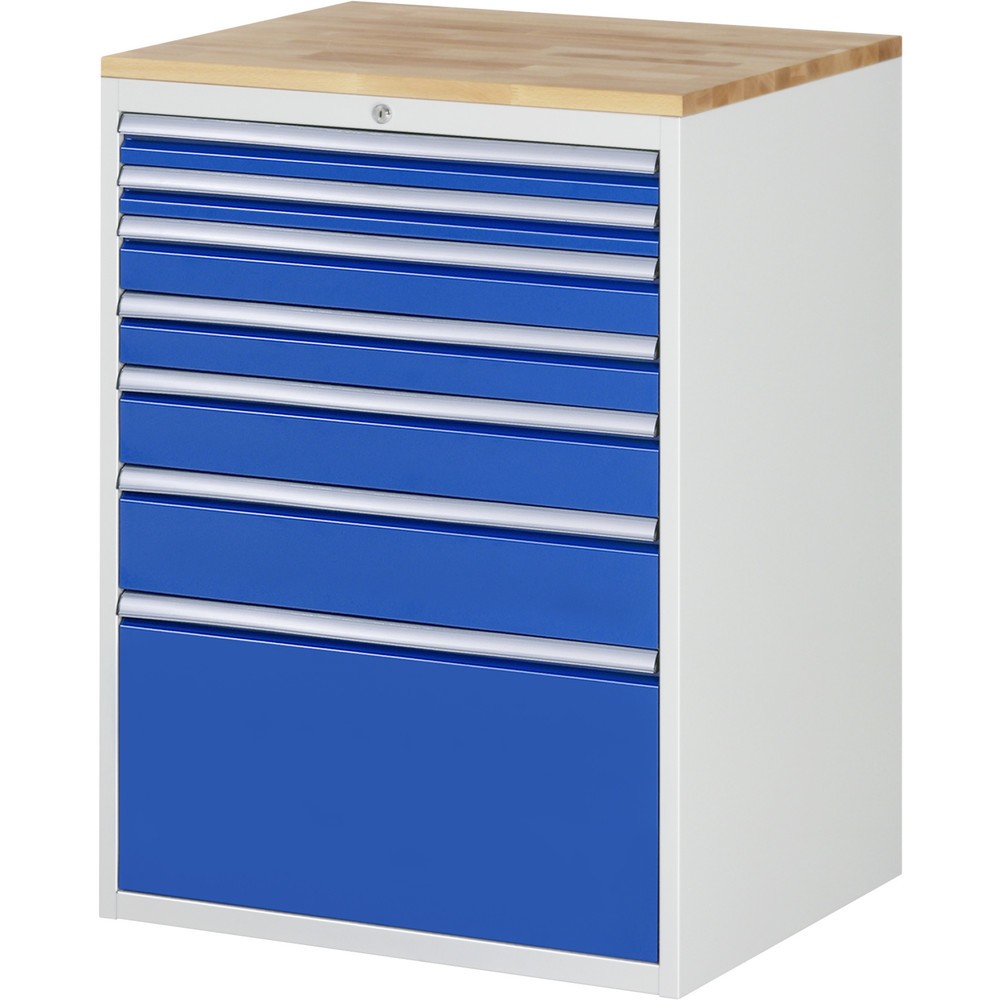 Číslo obrázka výrobku 1: Zásuvková skriňa RAU série 7000, v × š × h 1 035 × 770 × 650 mm, 7 zásuv. 2 × 60, 2 × 90, 1 × 120, 1 × 150, 1 × 360 mm, buková pracovná doska