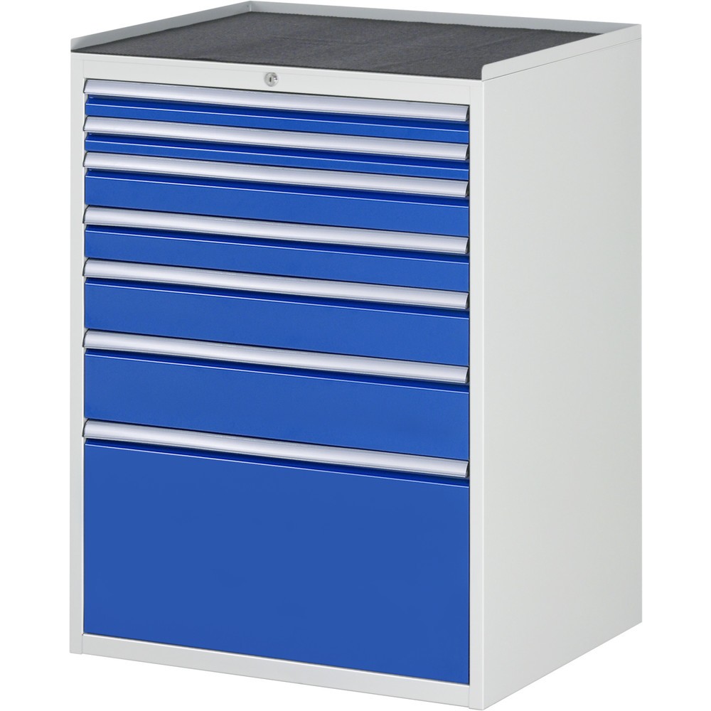 Číslo obrázka výrobku 1: Zásuvková skriňa RAU série 7000, v × š × h 1 035 × 770 × 650 mm, 7 zásuv. 2 × 60, 2 × 90, 1 × 120, 1 × 150, 1 × 360 mm, kovová pracovná doska