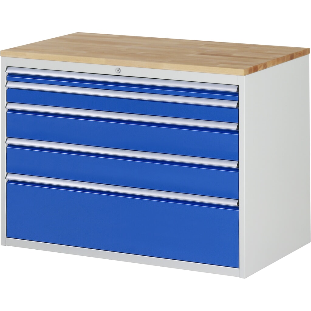 Obrázok výrobku: Zásuvková skriňa RAU série 7000, v × š × h 825 × 1 145 × 650 mm, 5 zásuv. 1 × 60, 1 × 90, 2 × 150, 1 × 270 mm, buková pracovná doska