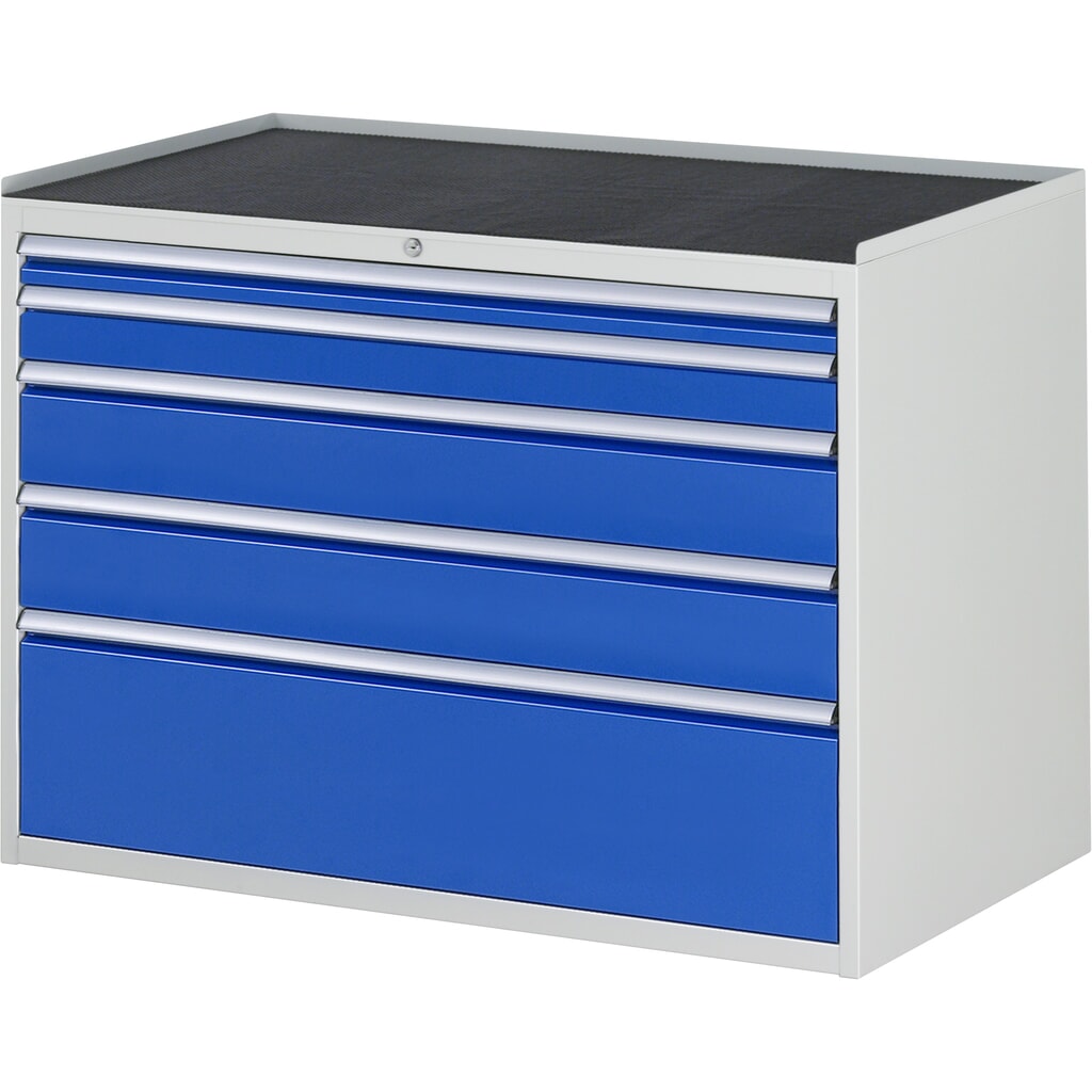 Obrázok výrobku: Zásuvková skriňa RAU série 7000, v × š × h 825 × 1 145 × 650 mm, 5 zásuv. 1 × 60, 1 × 90, 2 × 150, 1 × 270 mm, kovová pracovná doska