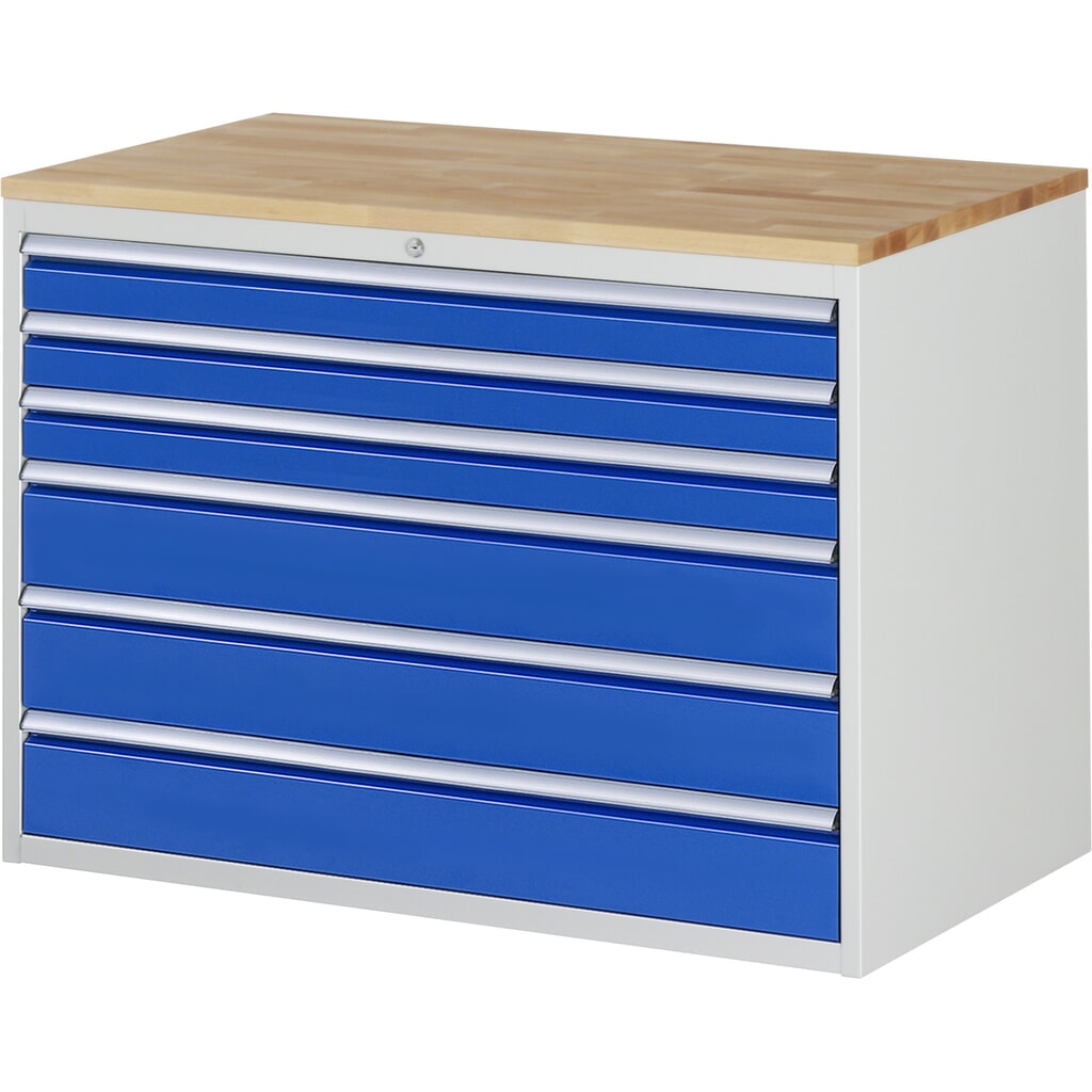 Obrázok výrobku: Zásuvková skriňa RAU série 7000, v × š × h 825 × 1 145 × 650 mm, 6 zásuv. 3 × 90, 3 × 150 mm, buková pracovná doska