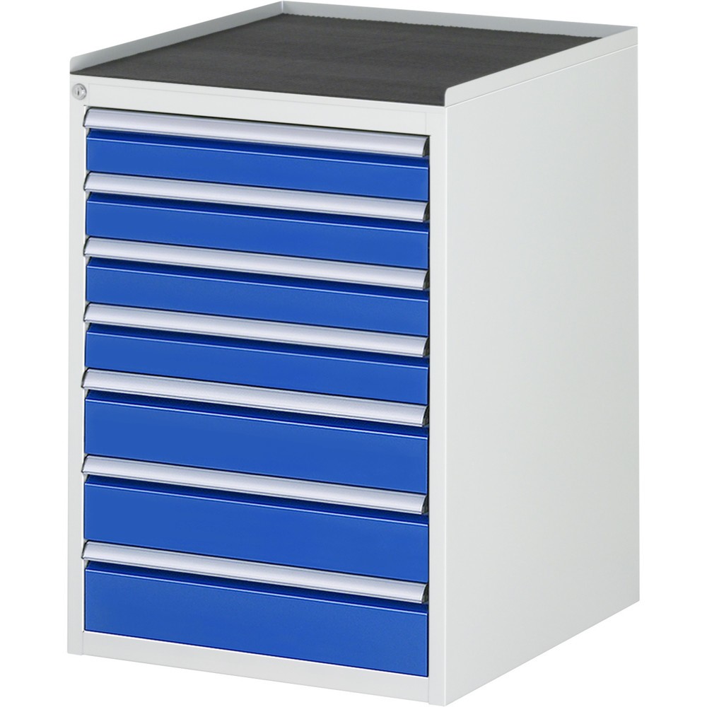 Obrázok výrobku: Zásuvková skriňa RAU série 7000, v × š × h 825 × 580 × 650 mm, 7 zásuv. 4 × 90, 3 × 120 mm, kovová pracovná doska