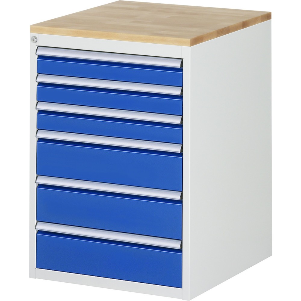Číslo obrázka výrobku 1: Zásuvková skriňa RAU série 7000, v × š × h 825 × 580 × 650 mm, 6 zásuv. 3 × 90, 3 × 150 mm, buková pracovná doska