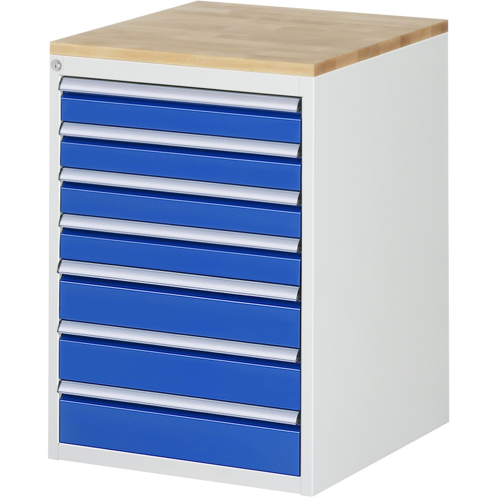 Číslo obrázka výrobku 1: Zásuvková skriňa RAU série 7000, v × š × h 825 × 580 × 650 mm, 7 zásuv. 4 × 90, 3 × 120 mm, buková pracovná doska