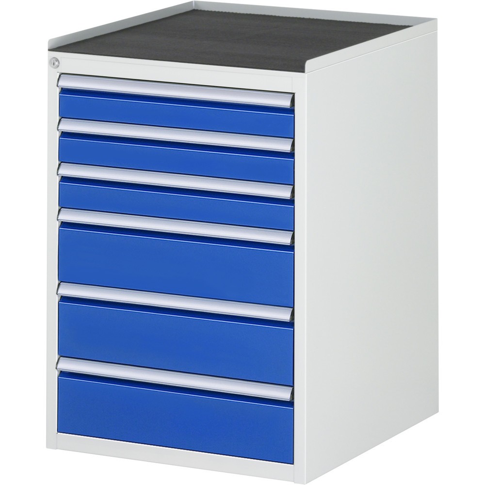 Číslo obrázka výrobku 1: Zásuvková skriňa RAU série 7000, v × š × h 825 × 580 × 650 mm, 6 zásuv. 3 × 90, 3 × 150 mm, kovová pracovná doska