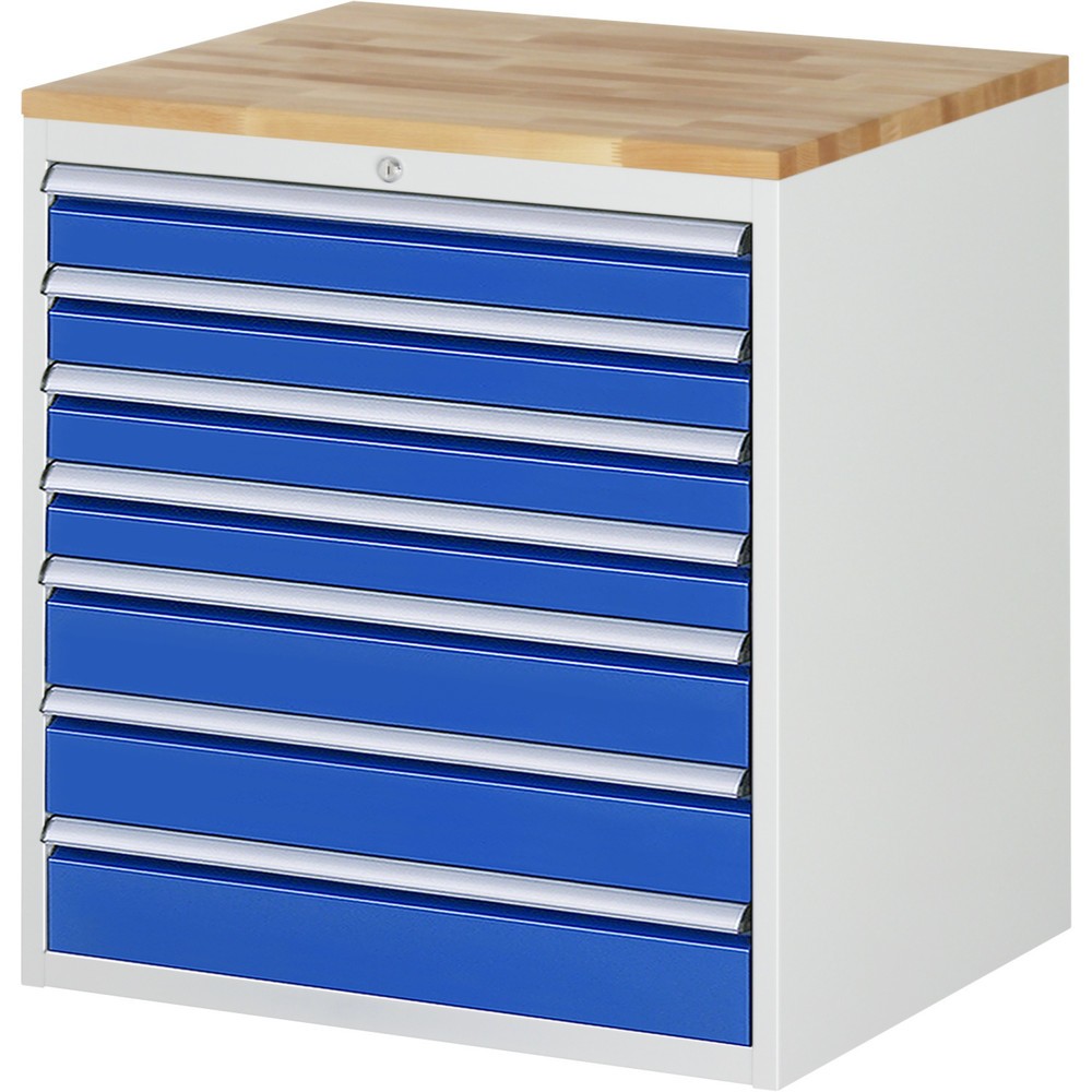 Číslo obrázka výrobku 1: Zásuvková skriňa RAU série 7000, v × š × h 825 × 770 × 650 mm, 7 zásuv. 4 × 90, 3 × 120 mm, buková pracovná doska