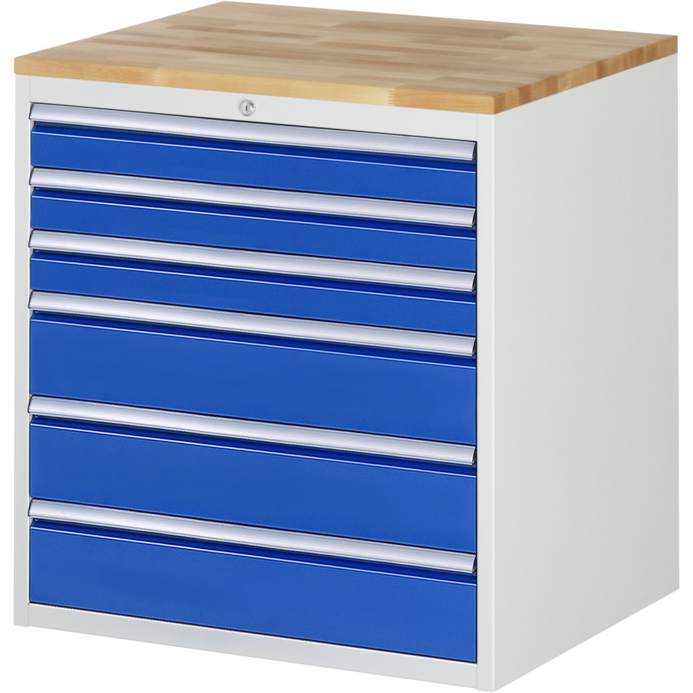 Číslo obrázka výrobku 1: Zásuvková skriňa RAU série 7000, v × š × h 825 × 770 × 650 mm, 6 zásuv. 3 × 90, 3 × 150 mm, buková pracovná doska