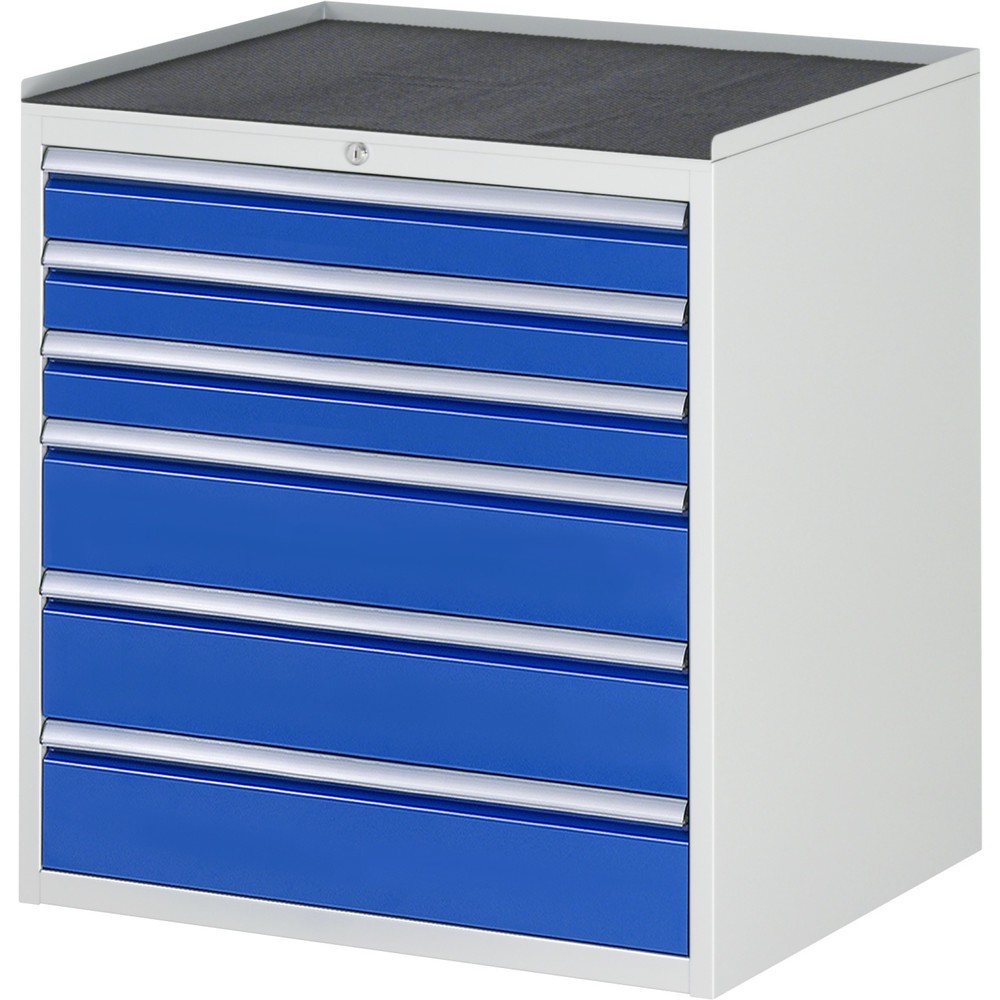 Číslo obrázka výrobku 1: Zásuvková skriňa RAU série 7000, v × š × h 825 × 770 × 650 mm, 6 zásuv. 3 × 90, 3 × 150 mm, kovová pracovná doska