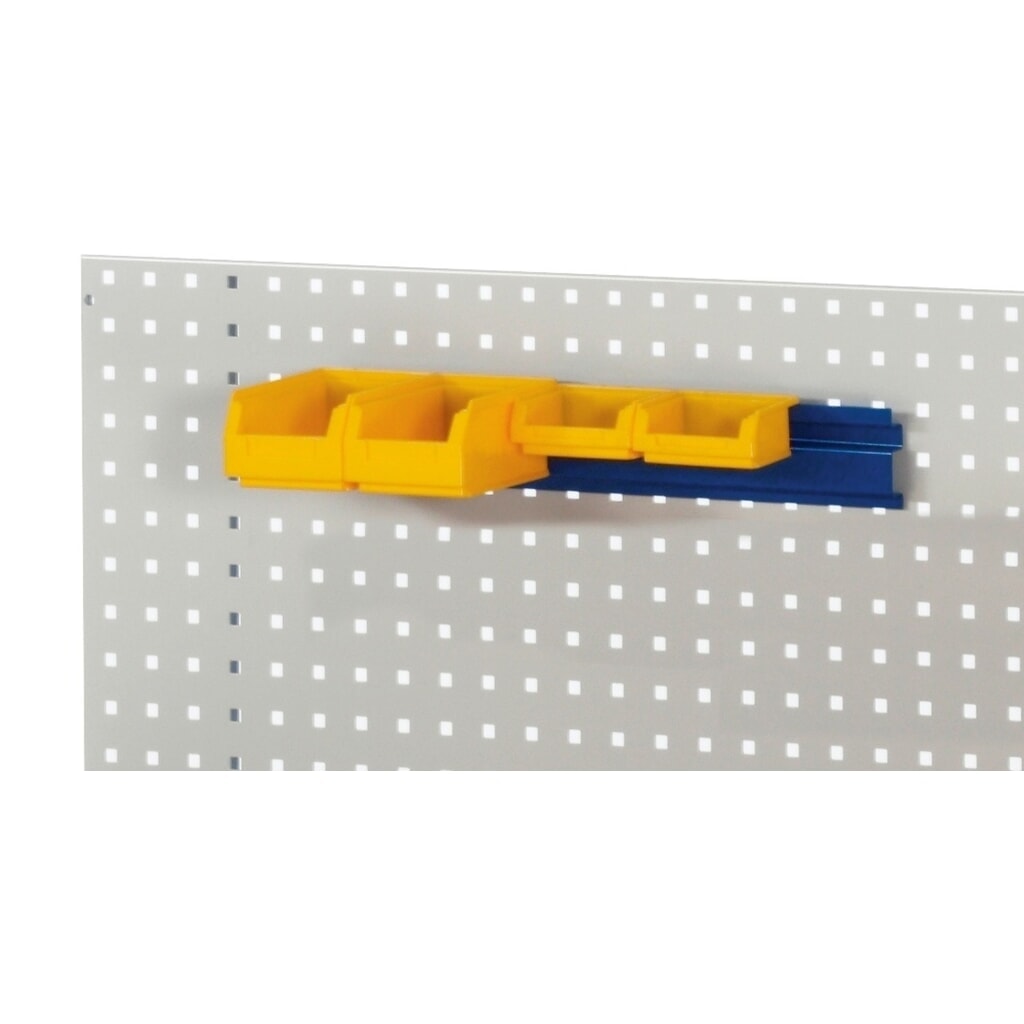 Závesná lišta RAU pre dierovanú dosku, na uchytenie prehľadných skladovacích boxov, v × š × h 65 × 450 × 20 mm Obrázok výrobku: Závesná lišta RAU pre dierovanú dosku, na uchytenie prehľadných skladovacích boxov, v × š × h 65 × 450 × 20 mm