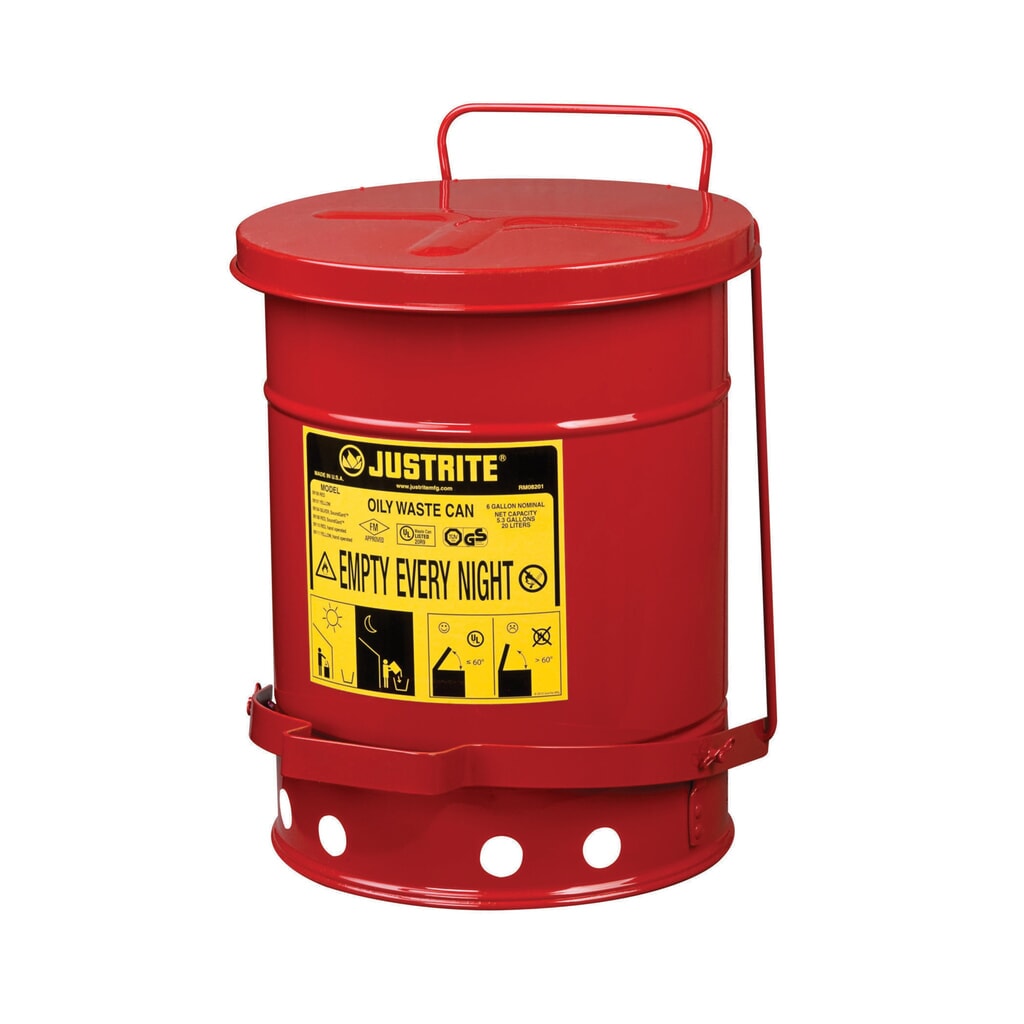 Justrite Workbench Collection Container SoundGuard™, pedál na nohy, červená, 20 litrov Číslo obrázka výrobku 1: Justrite Workbench Collection Container SoundGuard™, pedál na nohy, červená, 20 litrov