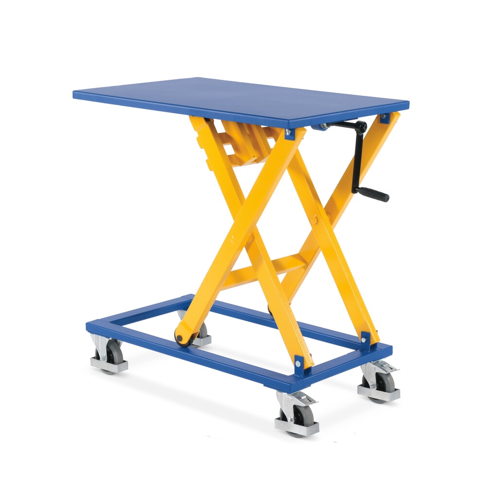 Zdvíhací stôl s nožnicovým mechanizmom s kľukou, nosnosť 300 kg, plošina cca 950 x 600 mm Obrázok výrobku: Zdvíhací stôl s nožnicovým mechanizmom s kľukou, nosnosť 300 kg, plošina cca 950 x 600 mm