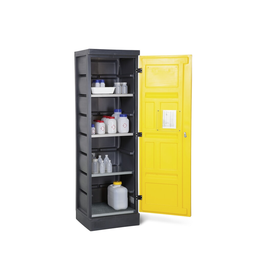 DENIOS chemická skriňa z PE, v × š × h 1 990 × 610 × 640 mm, 3 záchytné vane + 1 mriežkovaný rošt z nehrdzavejúcej ocele Obrázok výrobku: DENIOS chemická skriňa z PE, v × š × h 1 990 × 610 × 640 mm, 3 záchytné vane + 1 mriežkovaný rošt z nehrdzavejúcej ocele