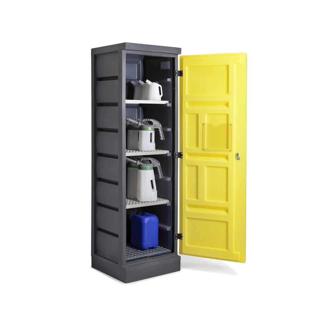 DENIOS chemická skriňa z PE, v × š × h 1 990 × 610 × 640 mm, 4 pozinkované mriežkované rošty Obrázok výrobku: DENIOS chemická skriňa z PE, v × š × h 1 990 × 610 × 640 mm, 4 pozinkované mriežkované rošty