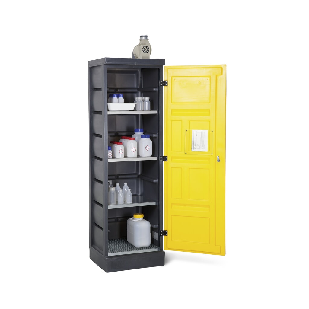 Obrázok výrobku: DENIOS chemická skriňa z PE, v × š × h 1 990 × 610 × 640 mm, 3 záchytné vane + 1 pozinkovaný mriežkovaný rošt