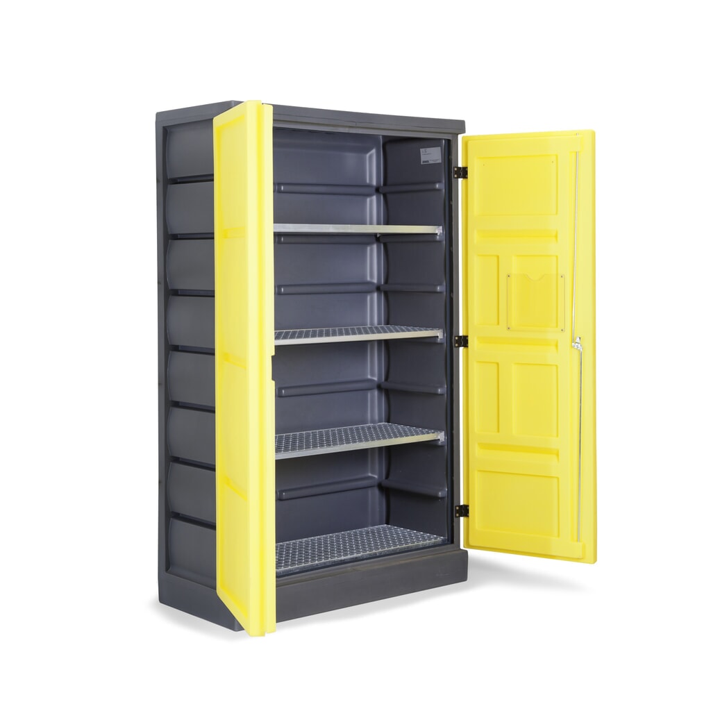 DENIOS chemická skriňa z PE, v × š × h 1 990 × 1 225 × 640 mm, 4 pozinkované mriežkované rošty Obrázok výrobku: DENIOS chemická skriňa z PE, v × š × h 1 990 × 1 225 × 640 mm, 4 pozinkované mriežkované rošty