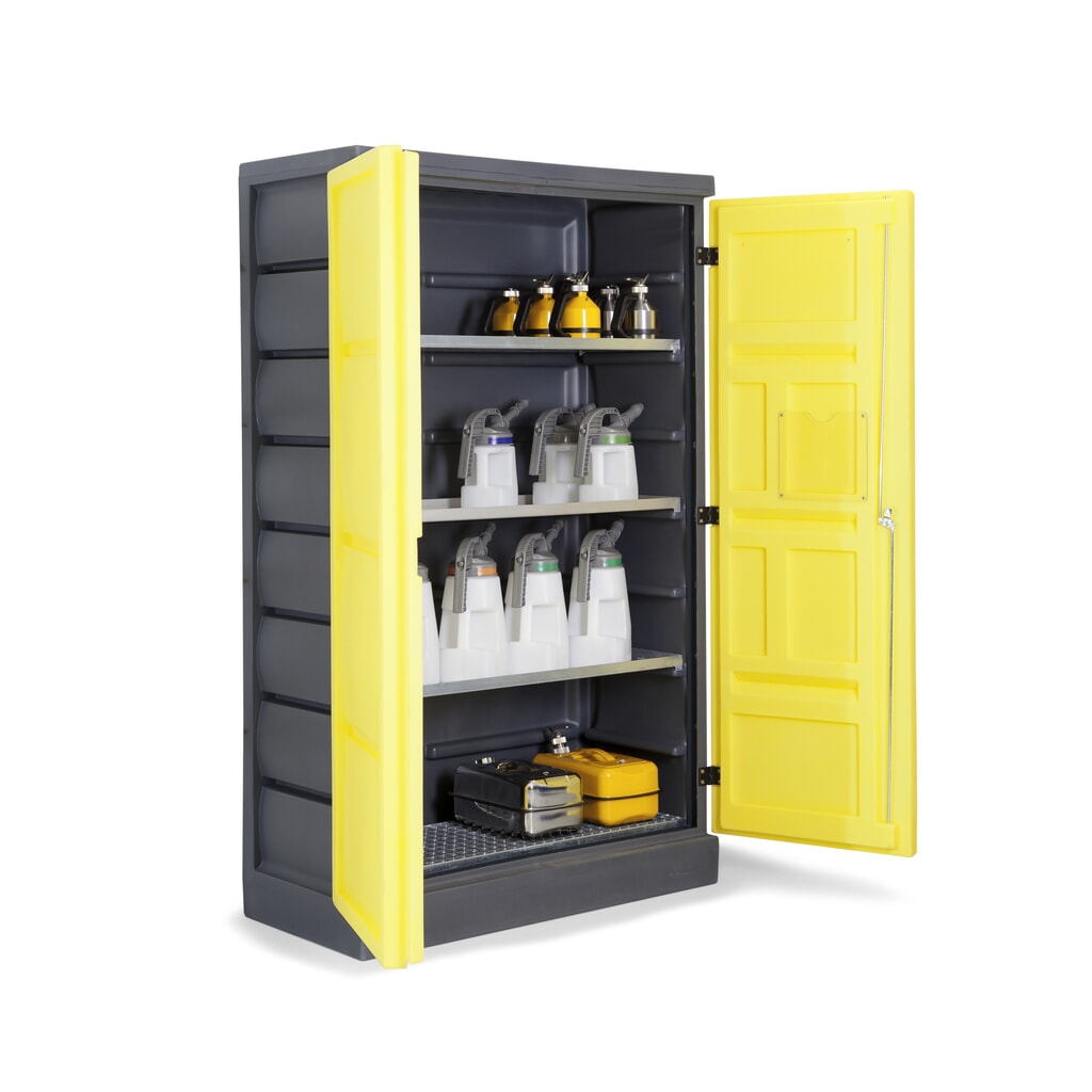 Číslo obrázka výrobku 6: DENIOS chemická skriňa z PE, v × š × h 1 990 × 1 225 × 640 mm, 3 záchytné vane + 1 mriežkovaný rošt z nehrdzavejúcej ocele